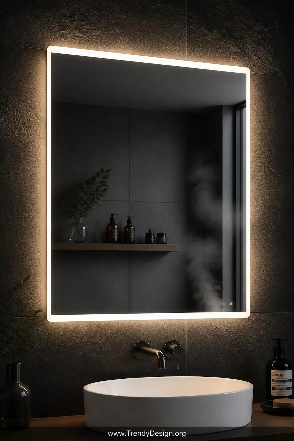 A closeup photorealistic shot of a rectangular LED backlit mirror glowing with a soft continuous halo of warm white light alo