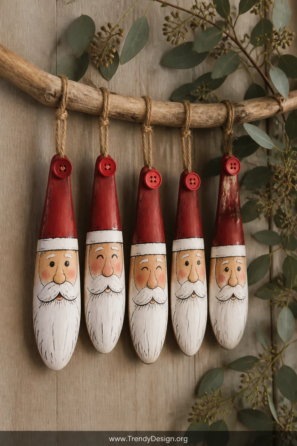 A closeup detail shot of a rustic driftwood branch wall hanging displaying a cluster of five wooden spoon Santa faces with pa