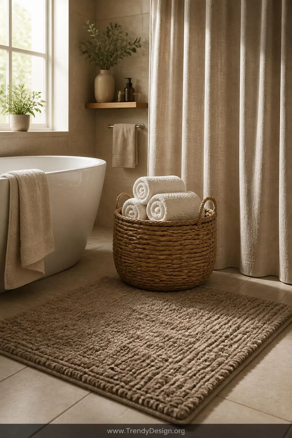 Thick waffle-weave towels in warm ivory neatly rolled inside a woven seagrass basket beside the tub, a plush taupe bath mat a