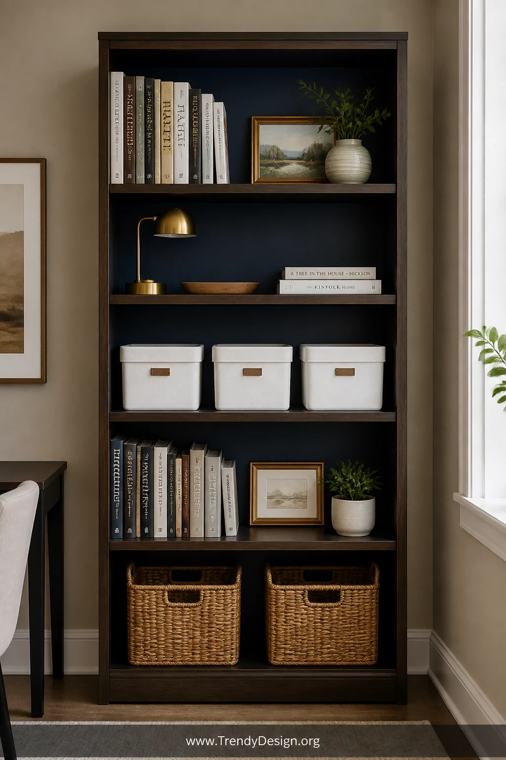 Medium shot of a tall five-shelf bookcase with a deep navy blue painted back panel, shelves neatly organized with reference b