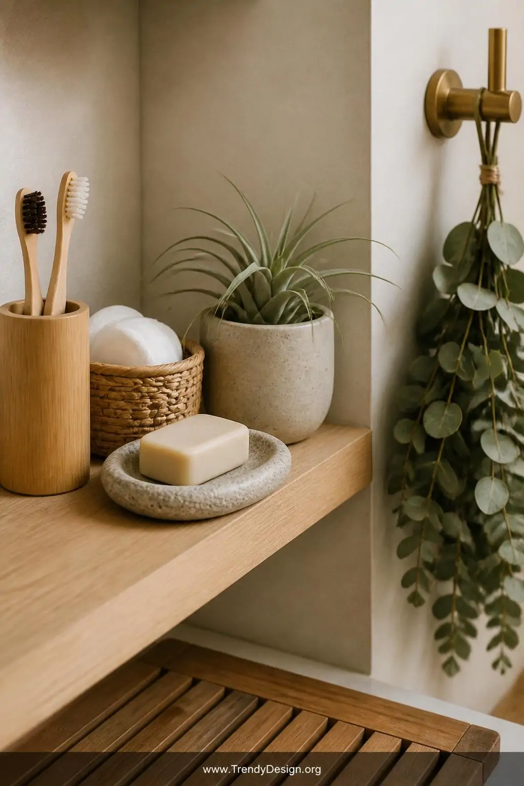 Close-up photorealistic shot of a minimalist bathroom shelf corner styled entirely in natural organic materials, a smooth riv