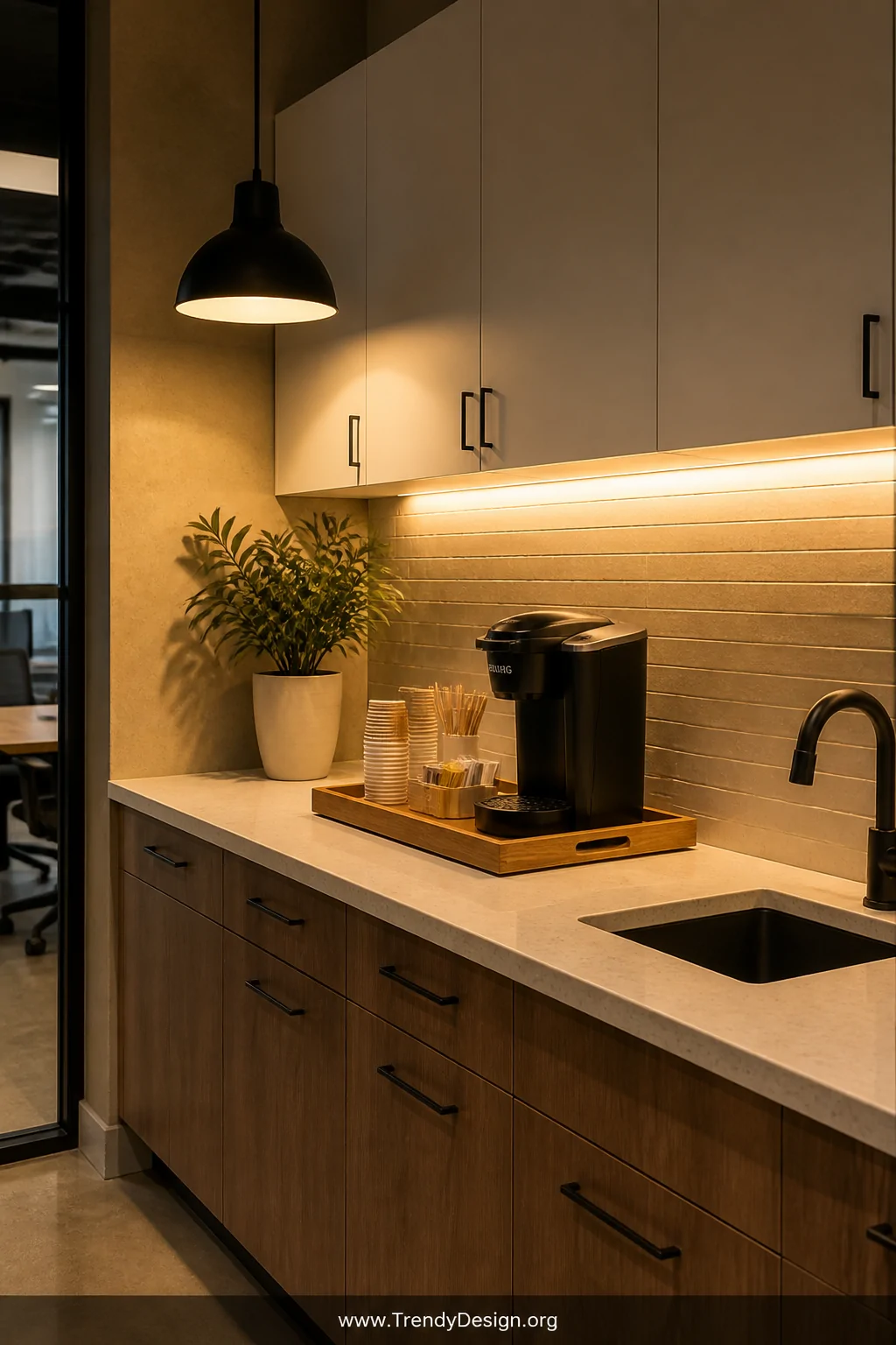 Medium-angle photorealistic interior shot of an office pantry counter bathed in warm 2700K light from a matte black dome pend