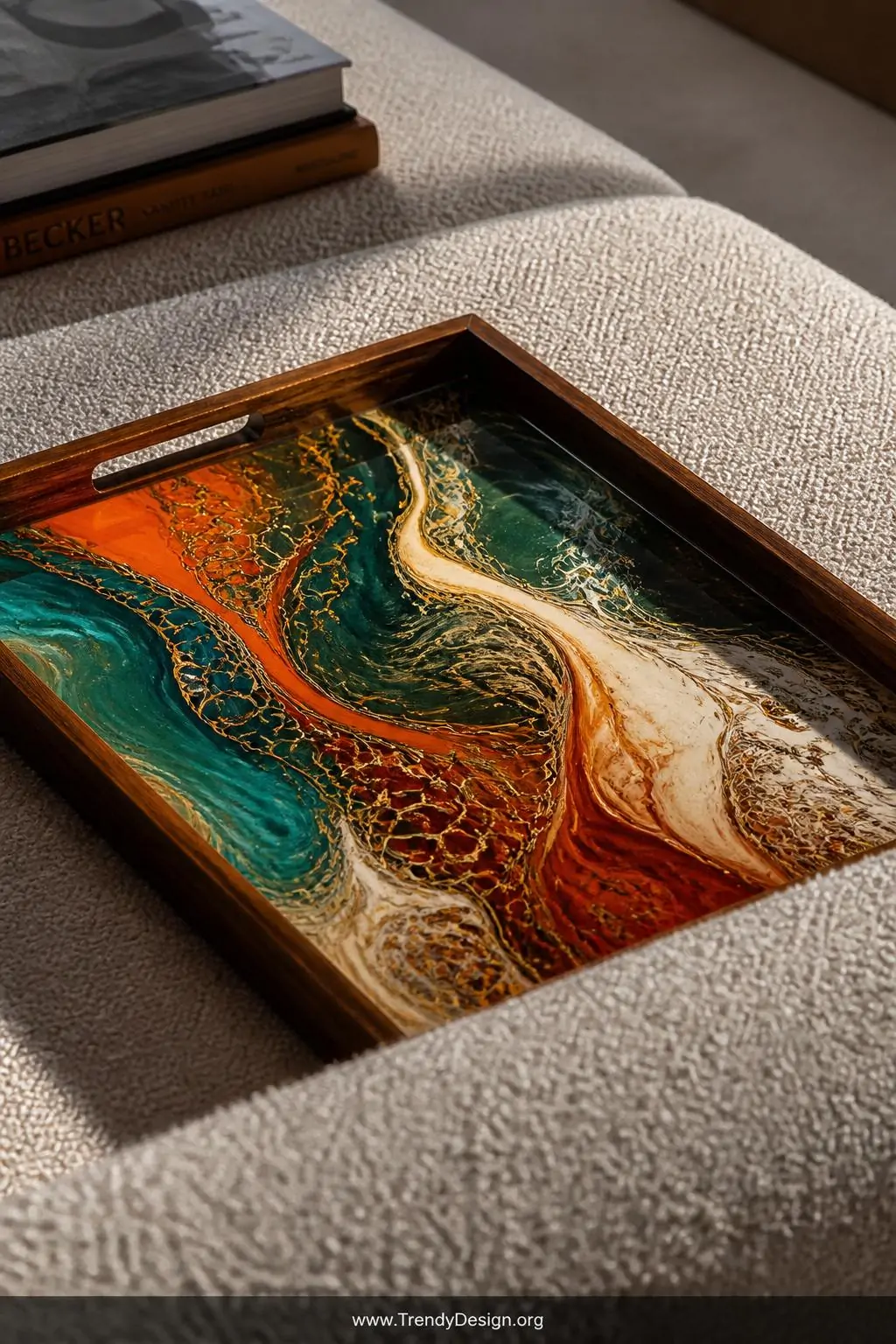 Closeup shot of a fluid art painted wooden tray displaying swirling marbled patterns in deep teal, burnt sienna, cream, and g
