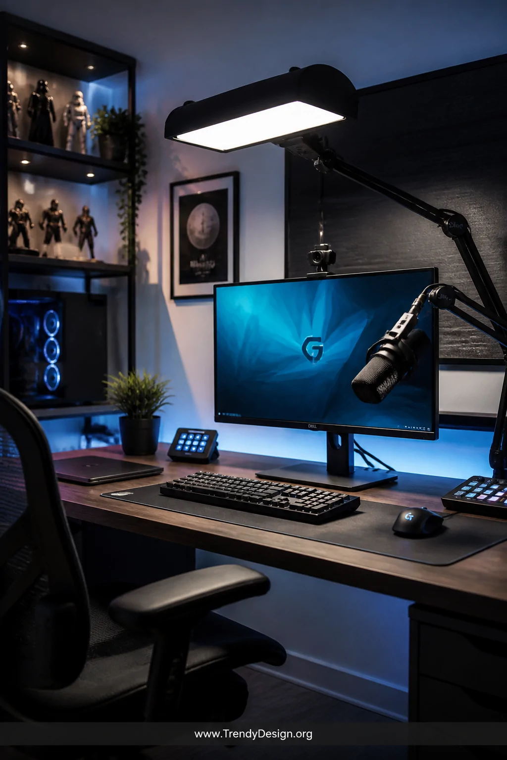 Medium photorealistic interior shot of a polished streaming corner inside a gaming loft, a key light on an adjustable arm ill