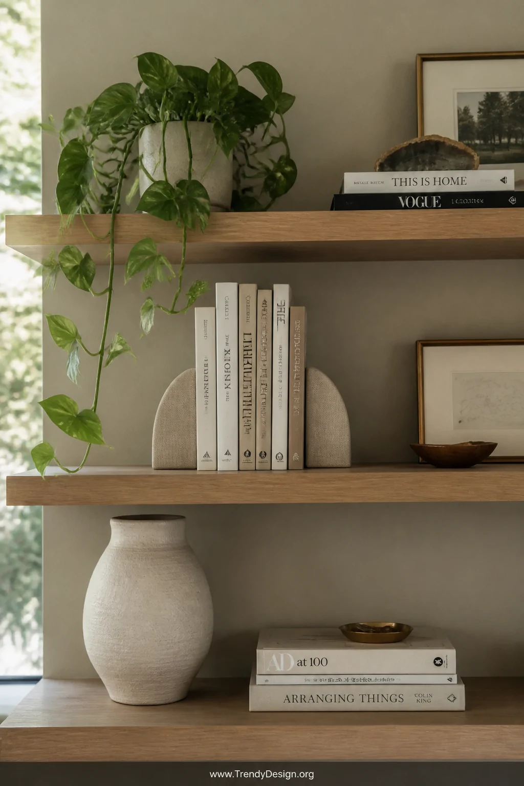 Medium photorealistic shot of a styled floating shelf unit in warm white oak against a soft greige wall, books neatly arrange
