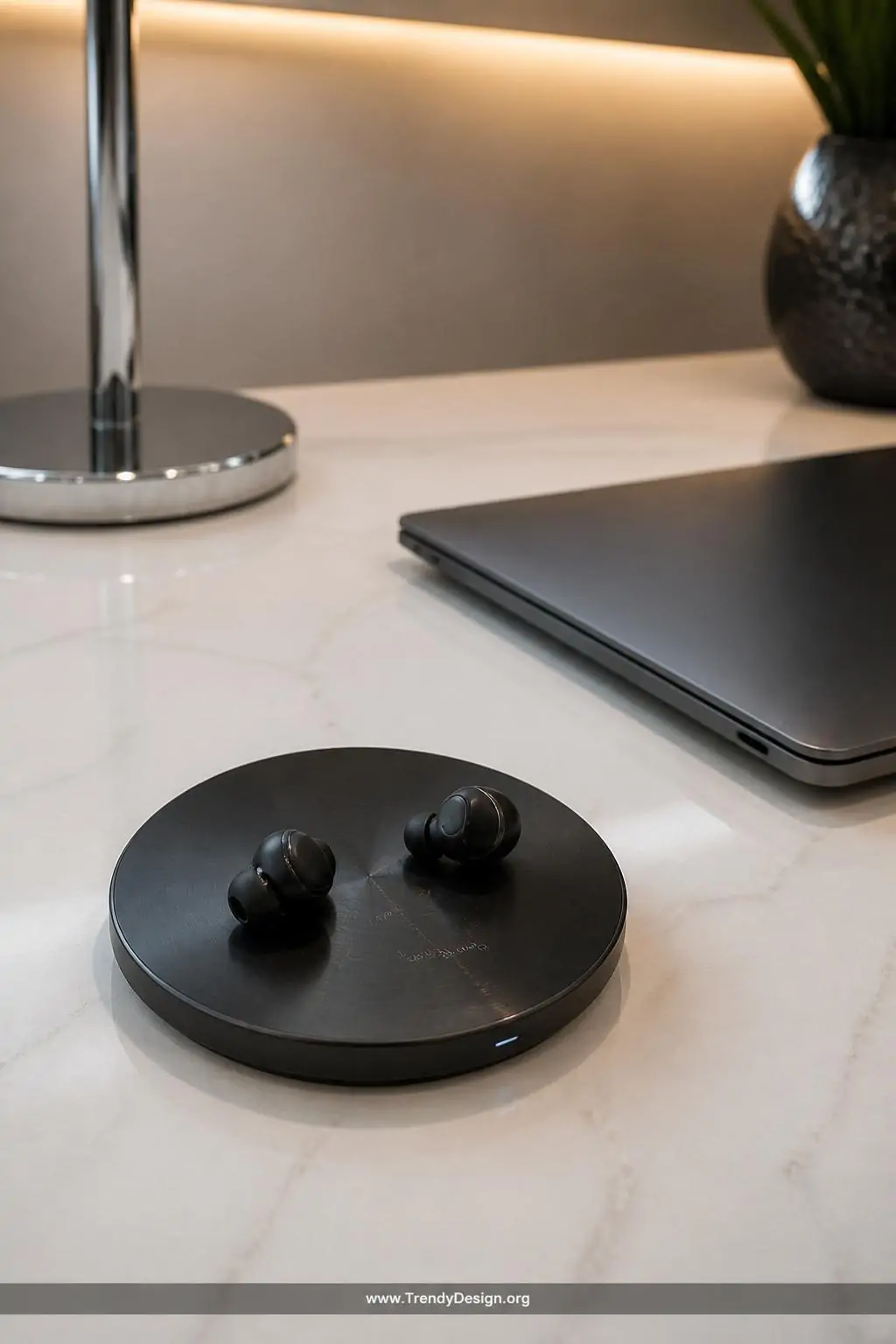 Closeup shot of a sleek round wireless charging pad in brushed midnight black sitting on a white quartz desk surface, a pair 