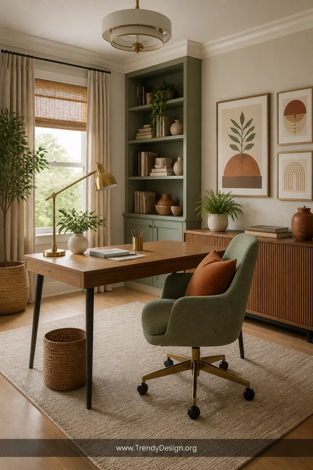 Wide room shot of a fully cohesive professional office decorated in a dusty sage, terracotta, and warm white color palette, s