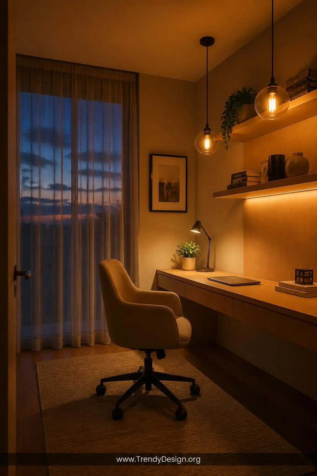 Medium wide shot of a modern home office at dusk with smart bulbs in globe pendants transitioning to a warm 2700K amber glow,
