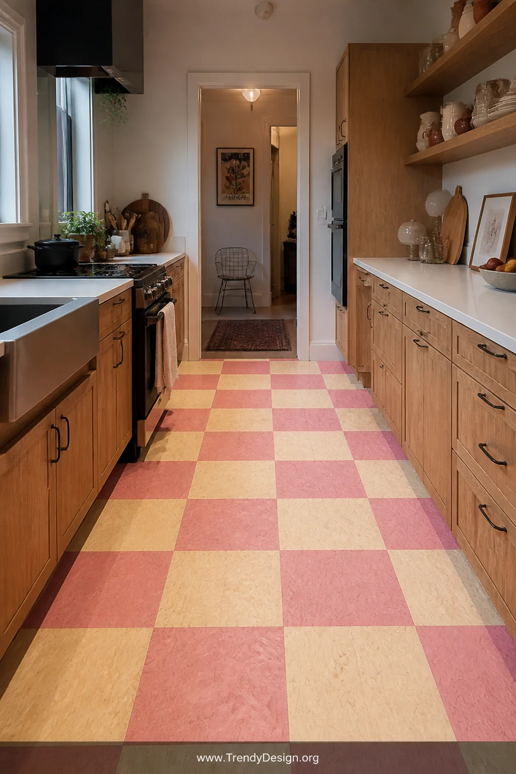 Wide-angle photorealistic kitchen or hallway interior showcasing a perfectly measured checkerboard painted OSB floor in dusty