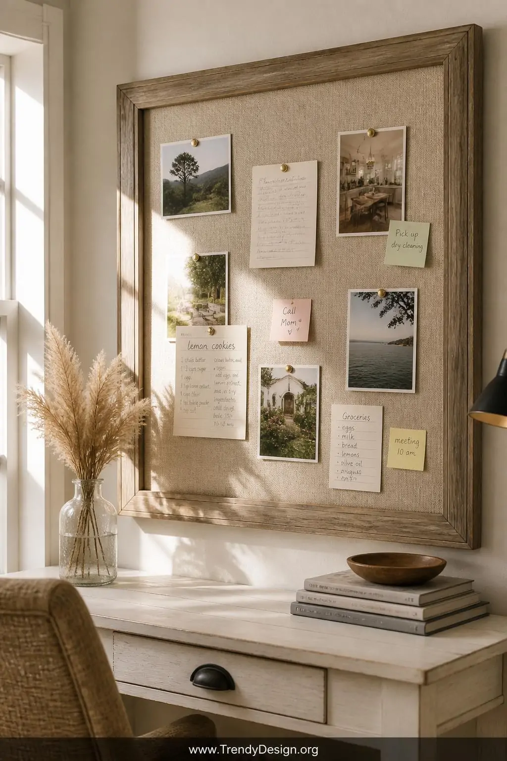 A medium-shot photorealistic interior design image of a refined home office pinboard featuring natural linen fabric stretched