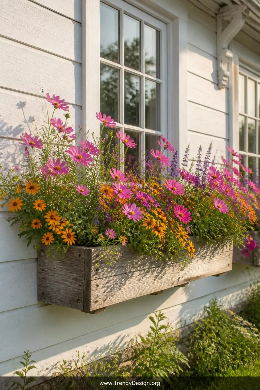 Wide exterior shot of a sunny farmhouse with naturally weathered gray wooden window boxes displaying a wildflower-inspired ri