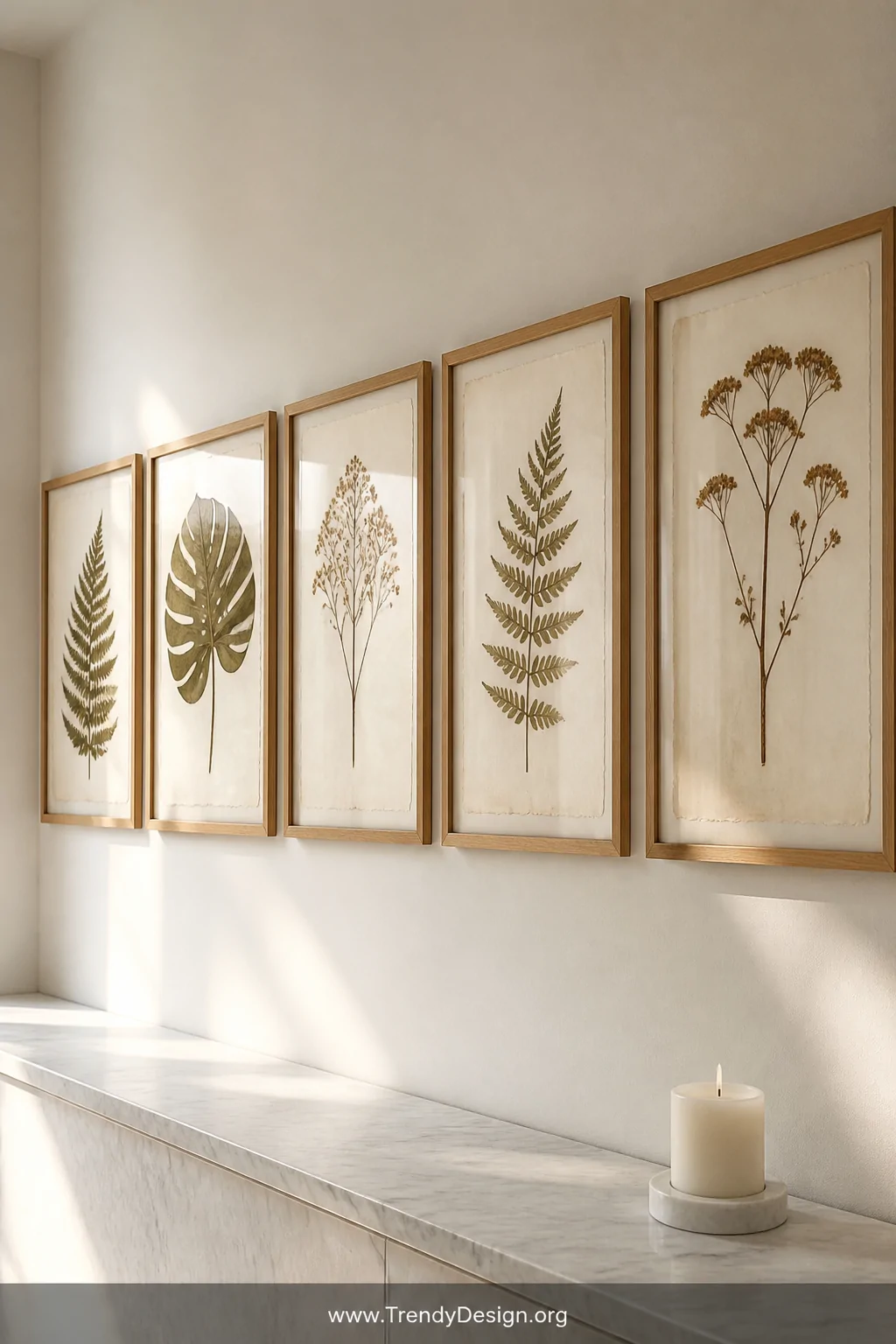 Detail closeup photorealistic shot of five matching thin oak frames hung in a horizontal series on a soft cream wall, each co