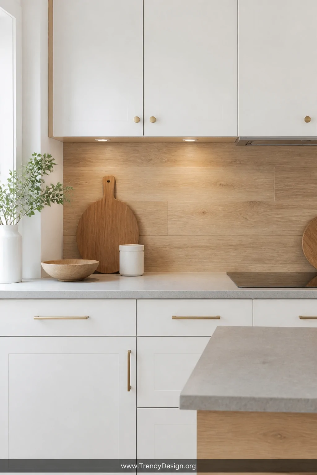 Medium shot of a Scandinavian minimalist kitchen with light blonde wood-look peel and stick backsplash panels installed betwe