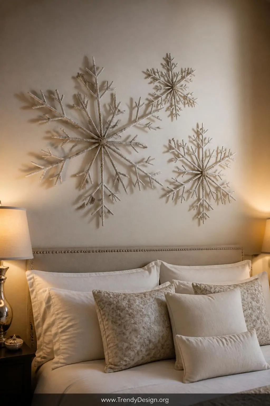 A wide shot of a warm white bedroom wall above a linen upholstered headboard featuring three oversized twig snowflakes spray-