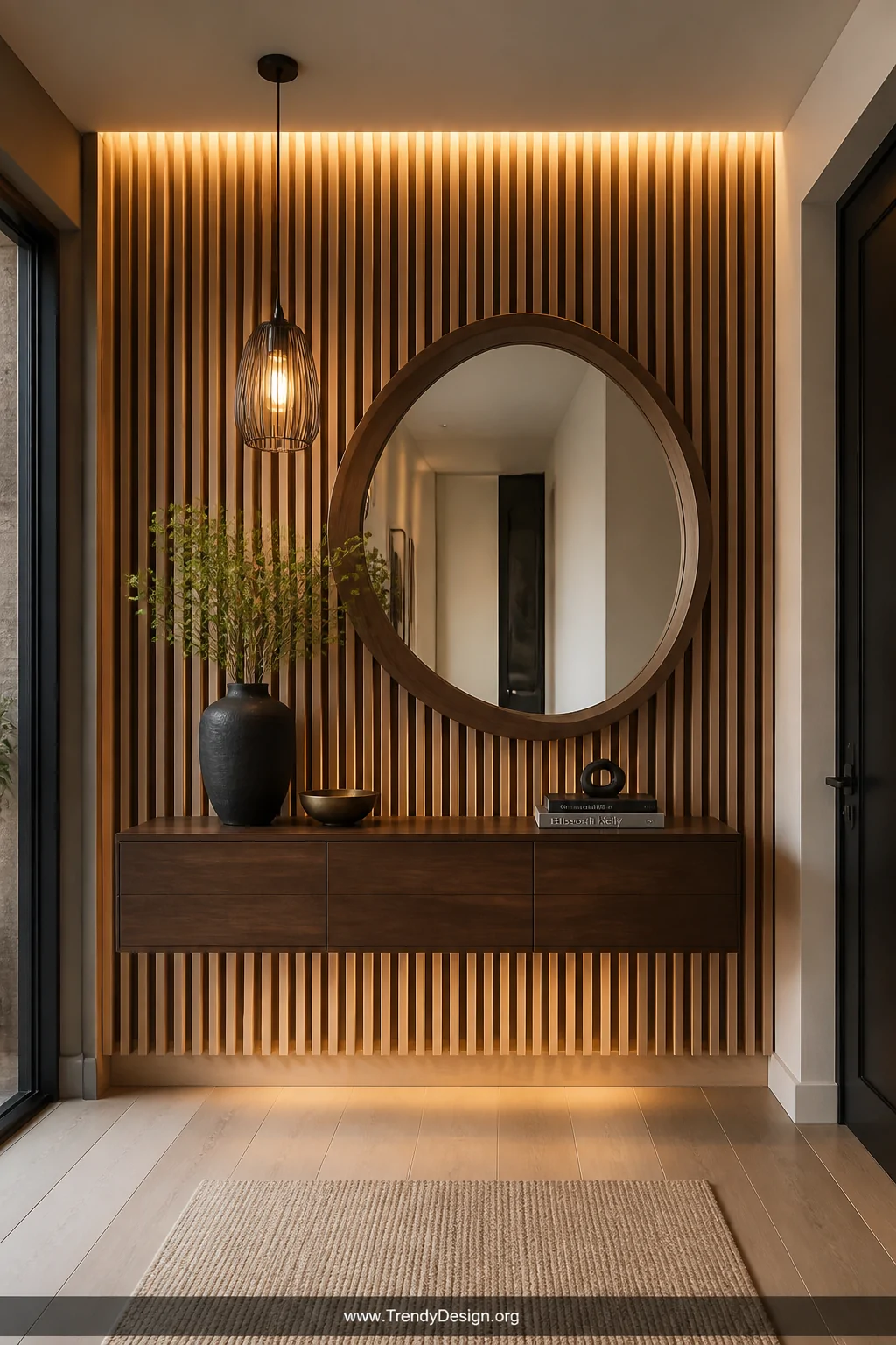 Wide room shot of a modern entryway with ceiling-to-floor natural oak wood slat wall panels backlit with warm LED strip light