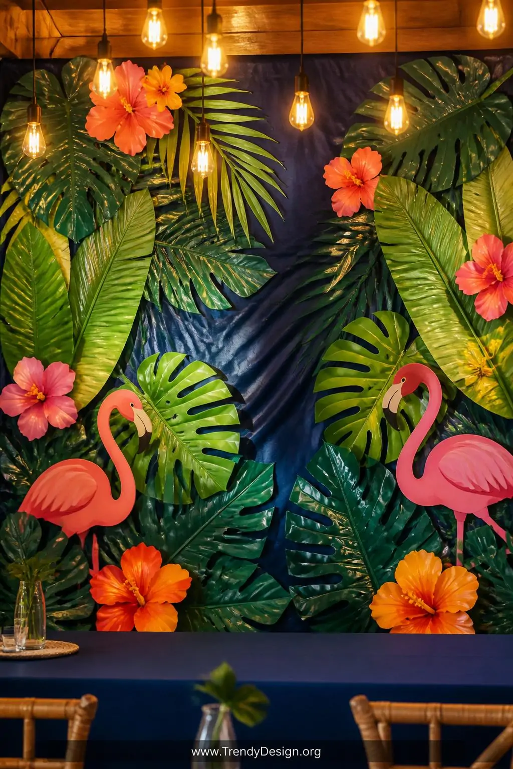 A medium-shot photorealistic interior design scene of a lush tropical jungle backdrop made from hand-cut large palm and banan