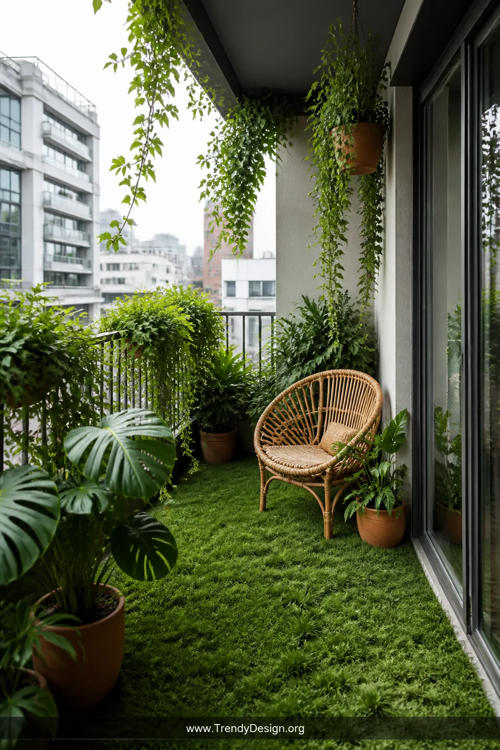 Medium shot of a small urban balcony completely covered in lush multi-toned synthetic turf over concrete, surrounded by terra