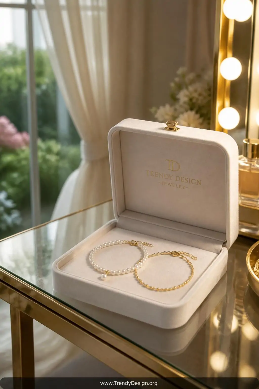 A glass-topped vanity table with brushed gold legs holds a open white velvet jewelry box displaying a freshwater pearl beaded