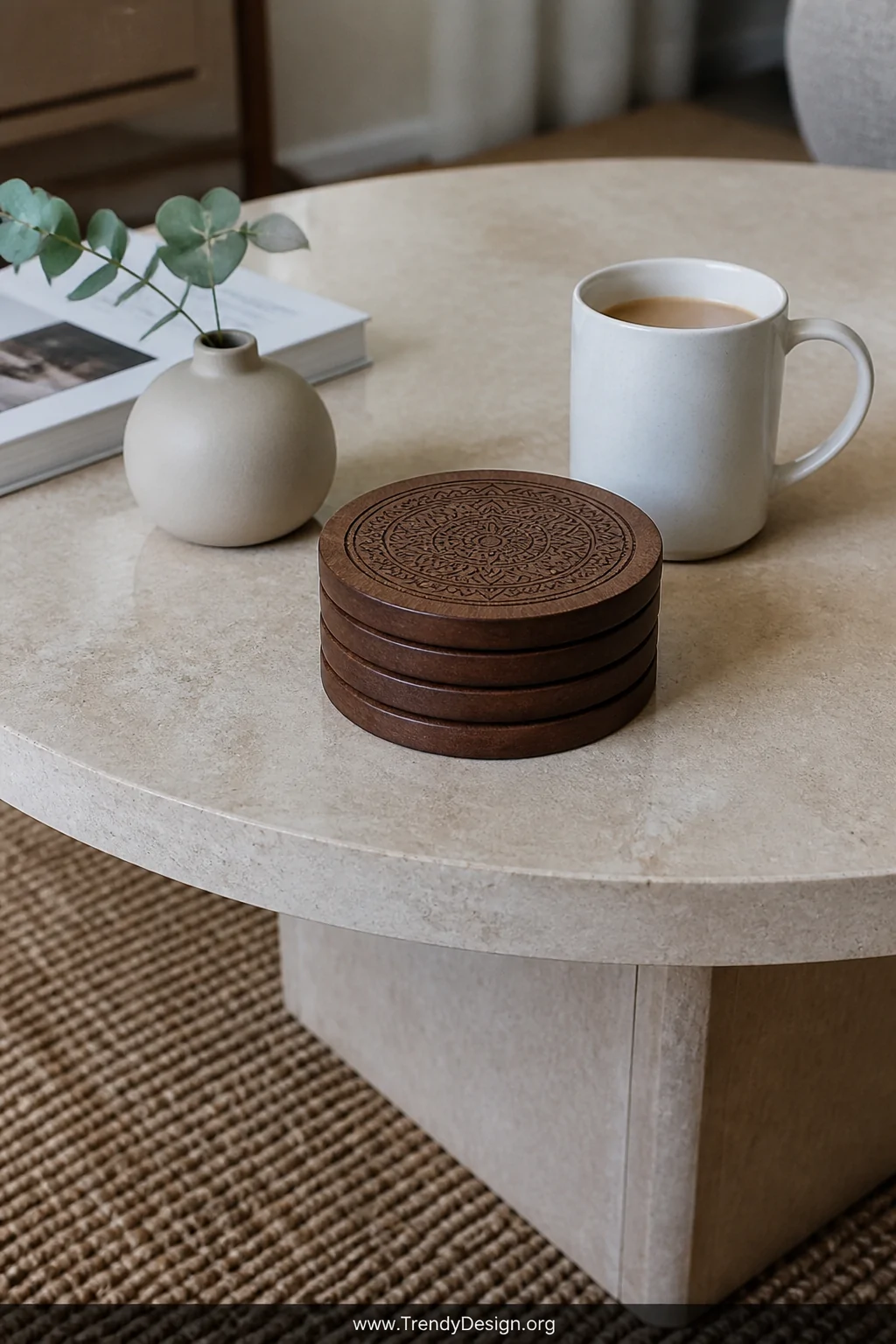 Close-up detail shot of a styled coffee table featuring a perfectly stacked set of four CNC-engraved dark walnut wood round c