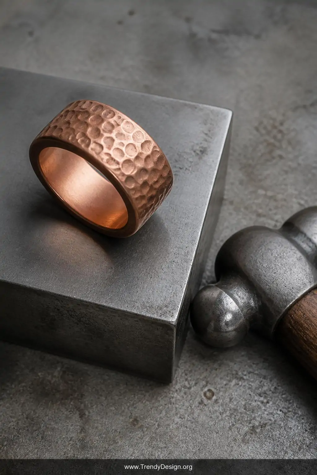 A close-up shot of a thick hammered copper band ring displaying deep rounded dimple textures across its entire flattened surf