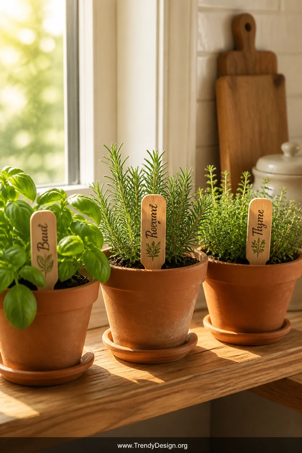 A bright sunlit kitchen windowsill herb garden with terracotta pots of lush green basil, rosemary, and thyme, each labeled wi
