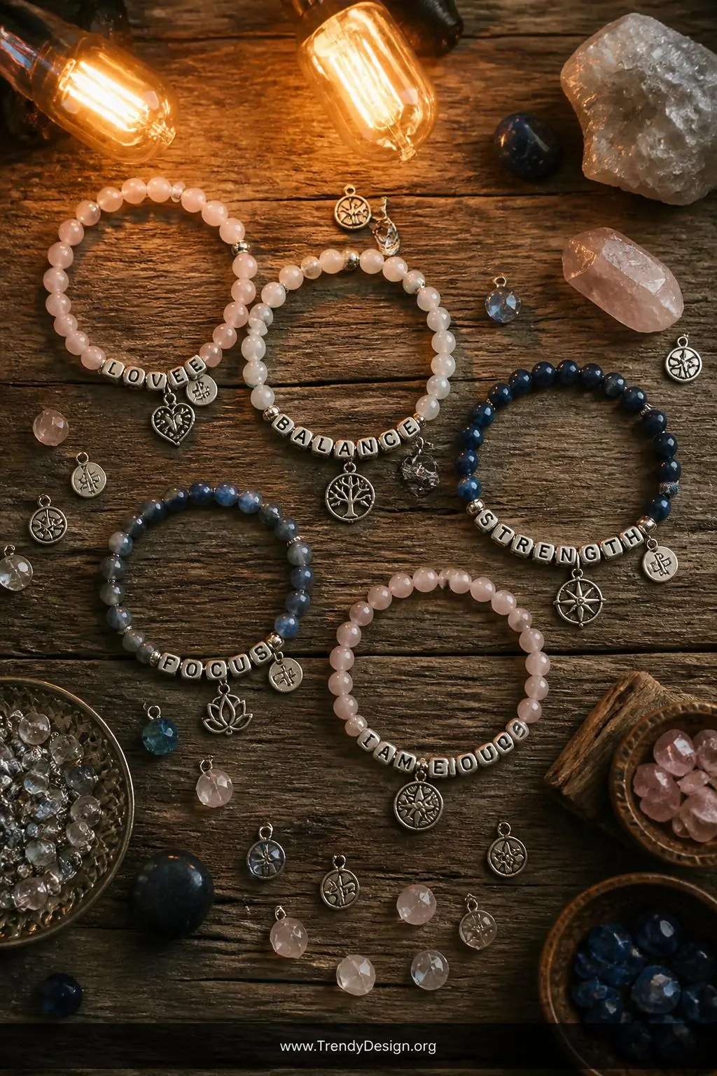 A photorealistic wide shot of a personalized intention bracelet collection arranged on a rustic reclaimed wood flat-lay surfa