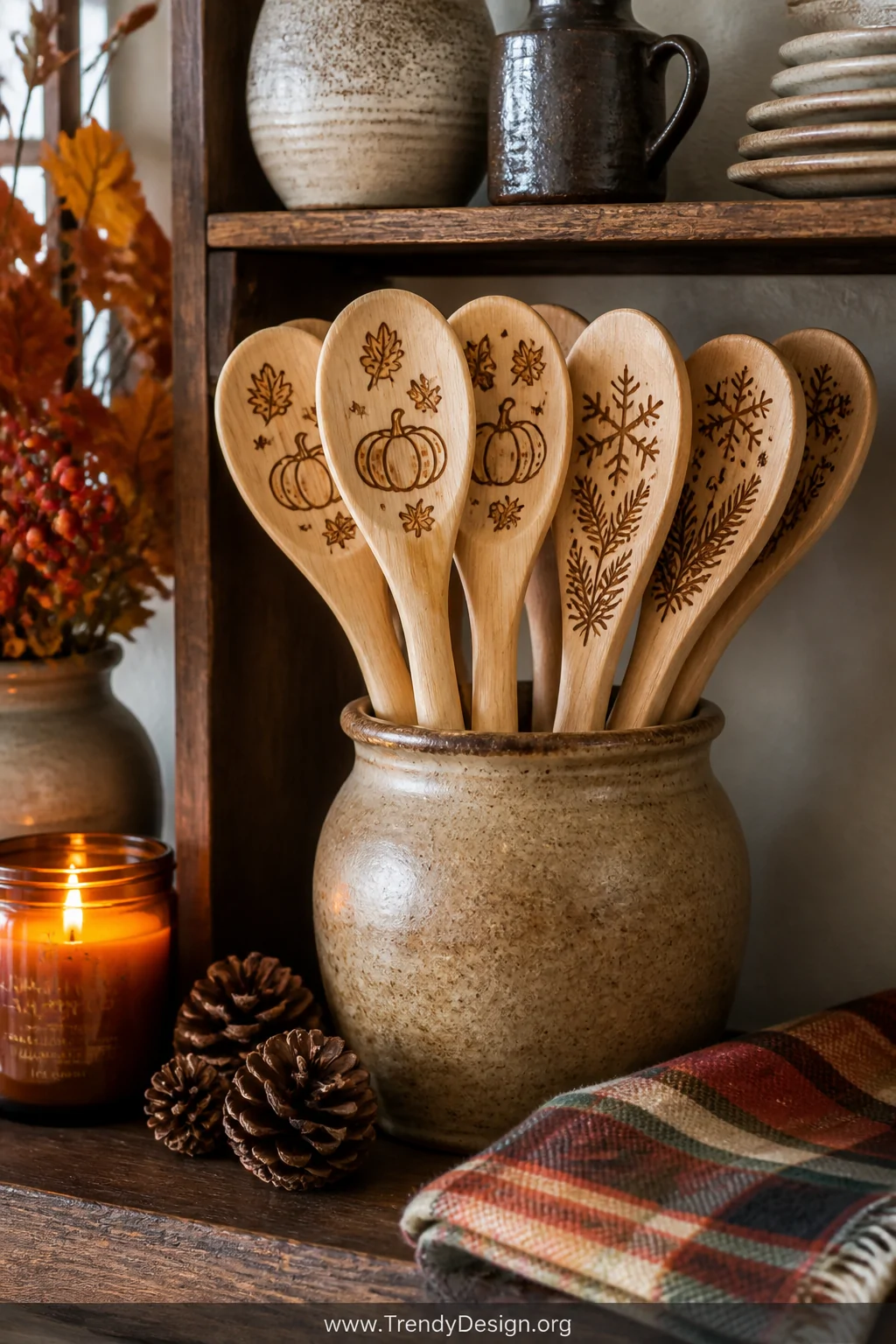 A wide styled kitchen shelf scene showcasing a rotating seasonal display of wooden spoons in a rustic earthenware crock, hand