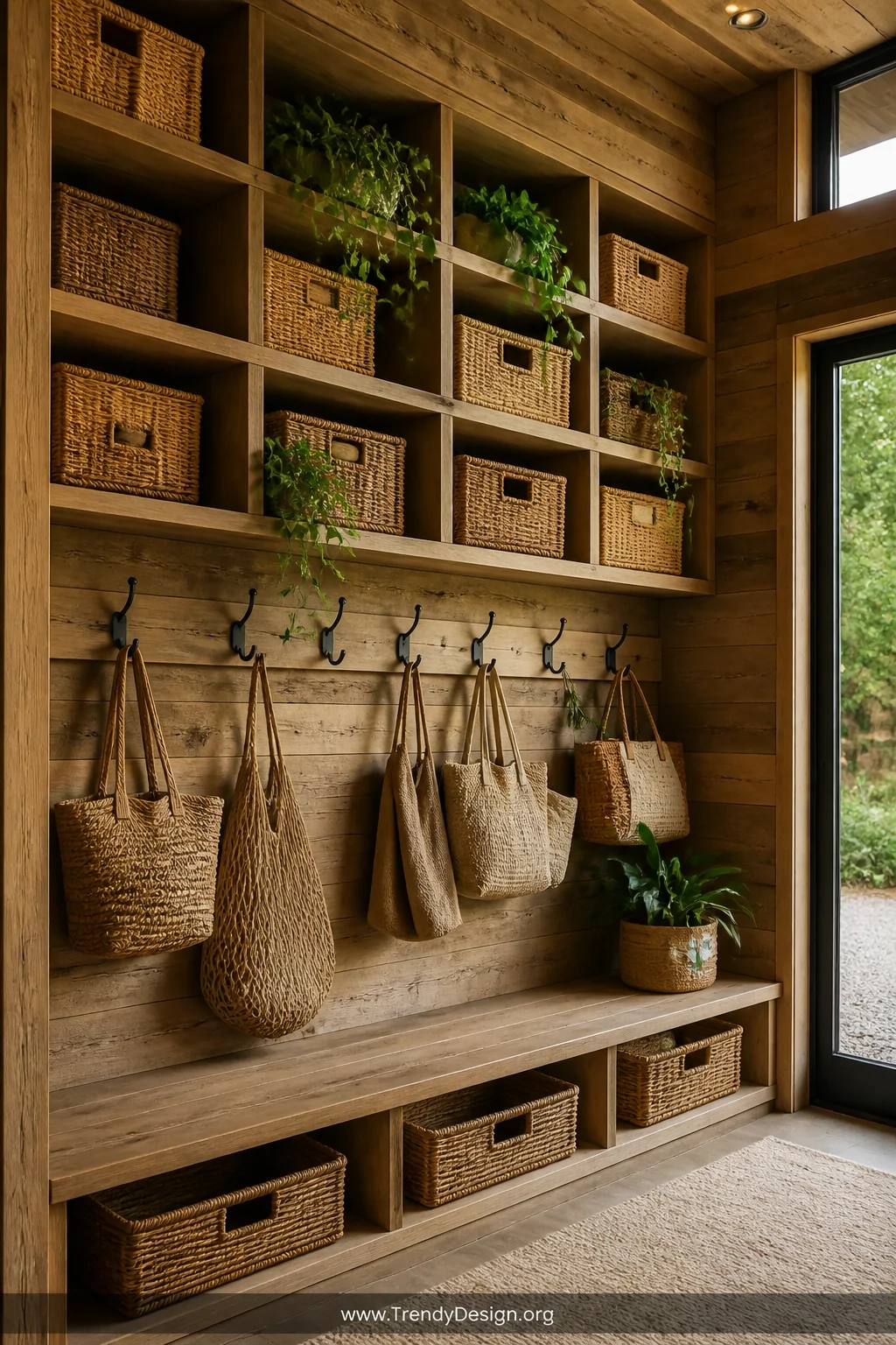 A floor-to-ceiling storage wall of open wooden cubbies filled with stacked wicker baskets in honey and natural tones, small t
