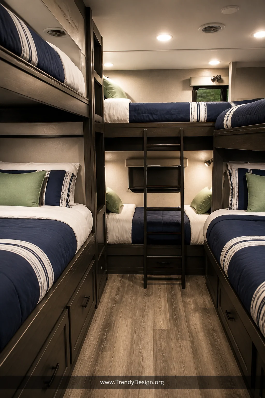 A wide photorealistic interior shot of an RV bunk room where every bunk is dressed in a cohesive navy and crisp white bedding