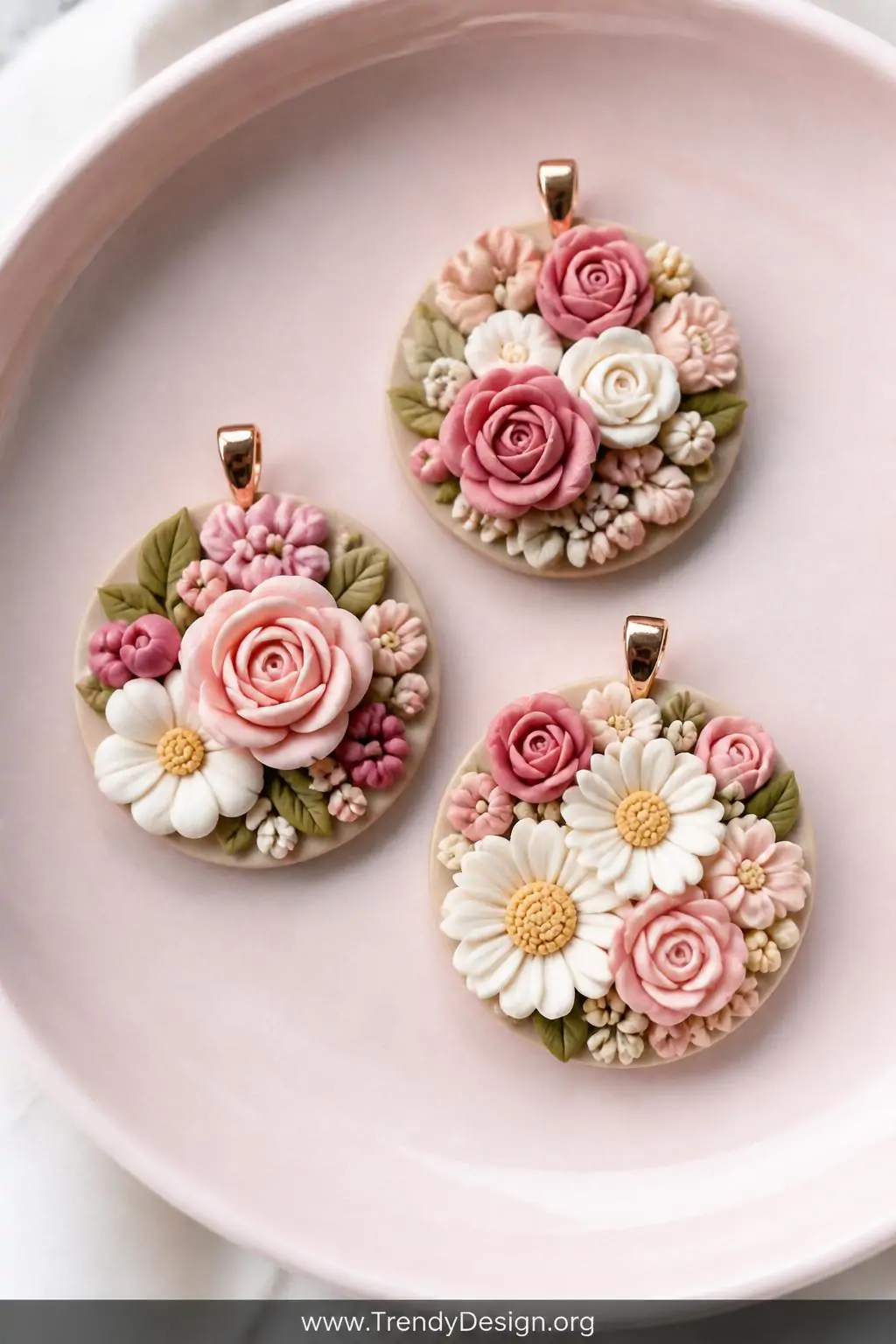 A closeup shot of three-dimensional sculpted floral polymer clay pendants featuring tiny cupped rose and daisy blooms built p