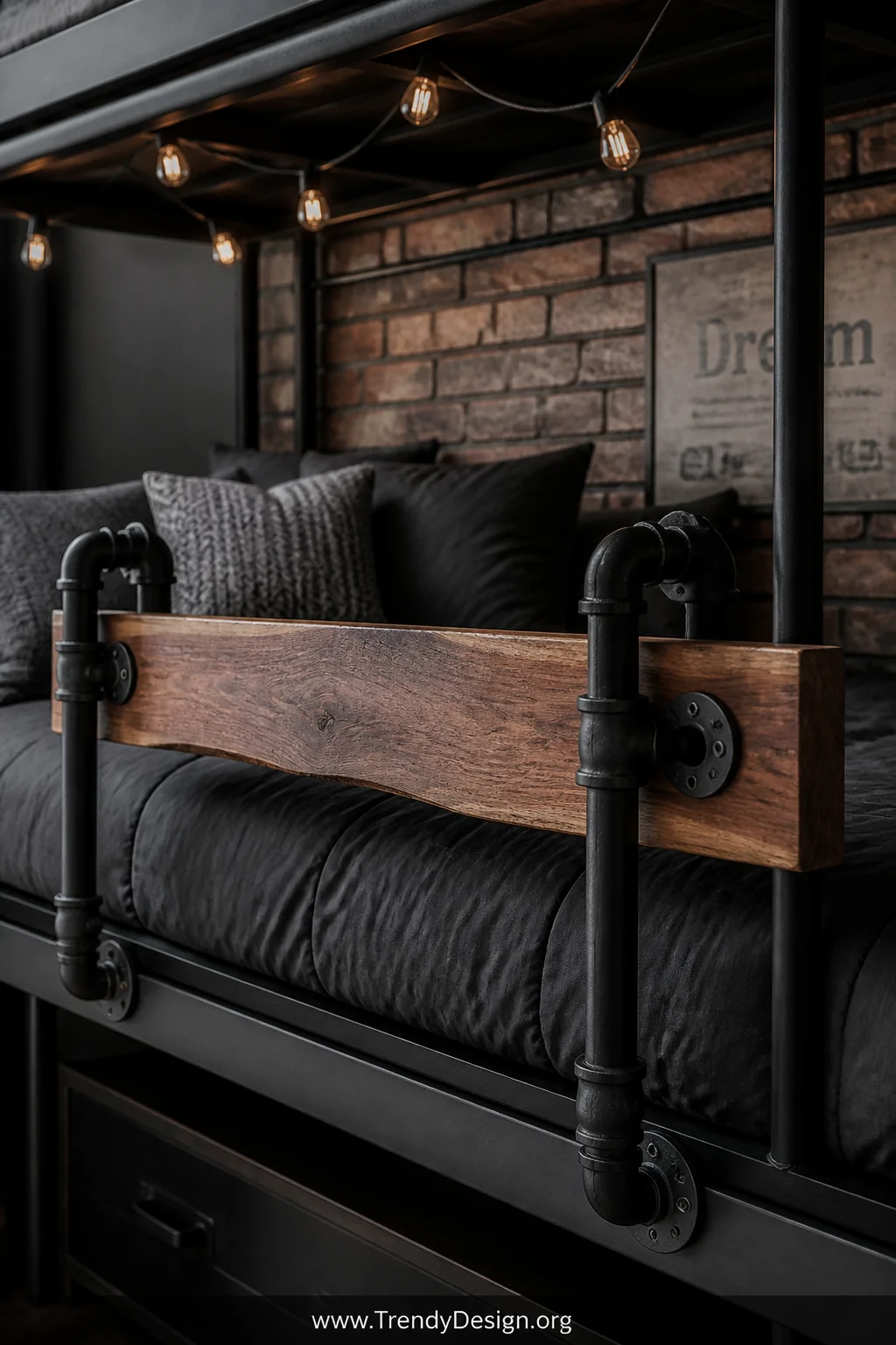 Medium shot of an industrial-style bunk bed guard rail with matte black iron plumbing pipes as vertical flanged supports anch