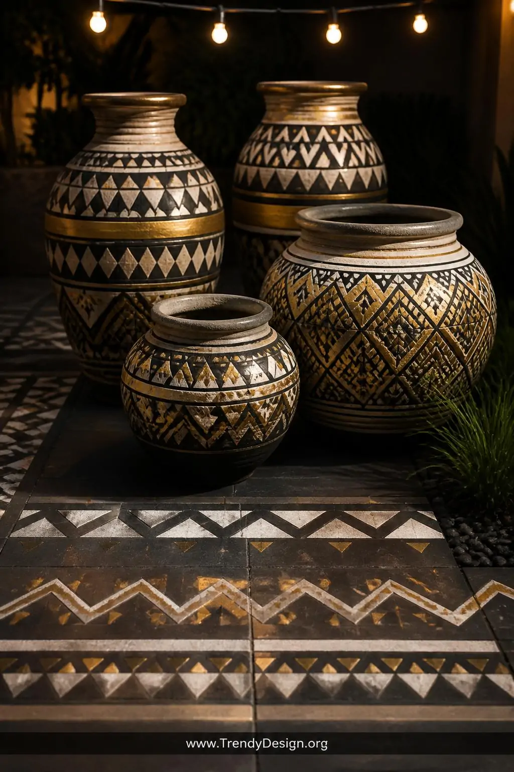 Closeup shot of a dramatic grouping of clay pots on a dark slate patio surface painted with bold Aztec and tribal patterns   