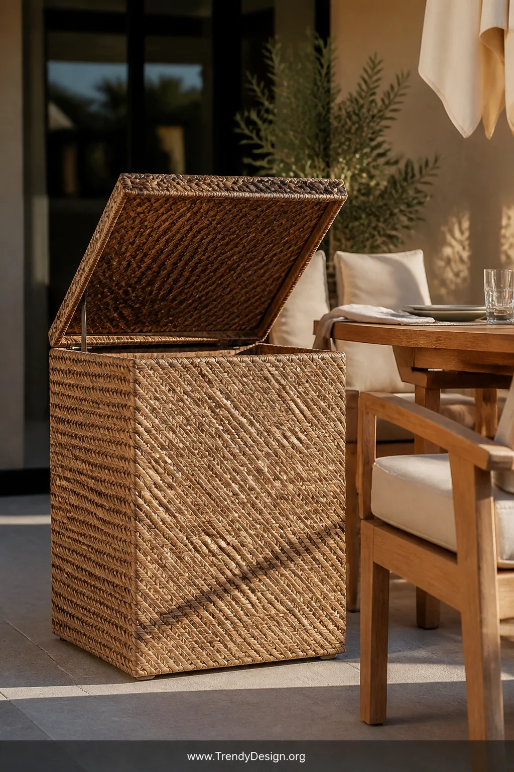 Medium shot of a beautiful synthetic resin wicker surround enclosure in warm natural honey and sandy beige woven tones, tight