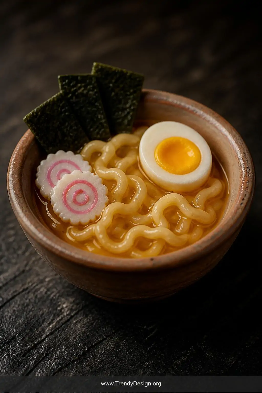 A closeup photorealistic shot of a miniature clay ramen bowl filled with wavy yellow noodles, a halved soft-boiled egg showin