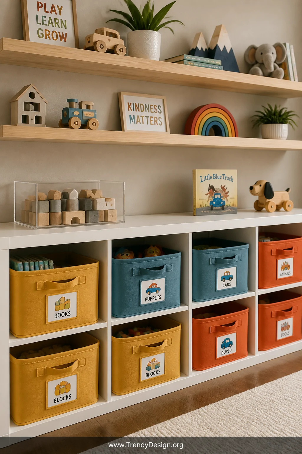 A beautifully organized toddler playroom storage wall featuring rows of low open white cube shelving filled with color-coded 