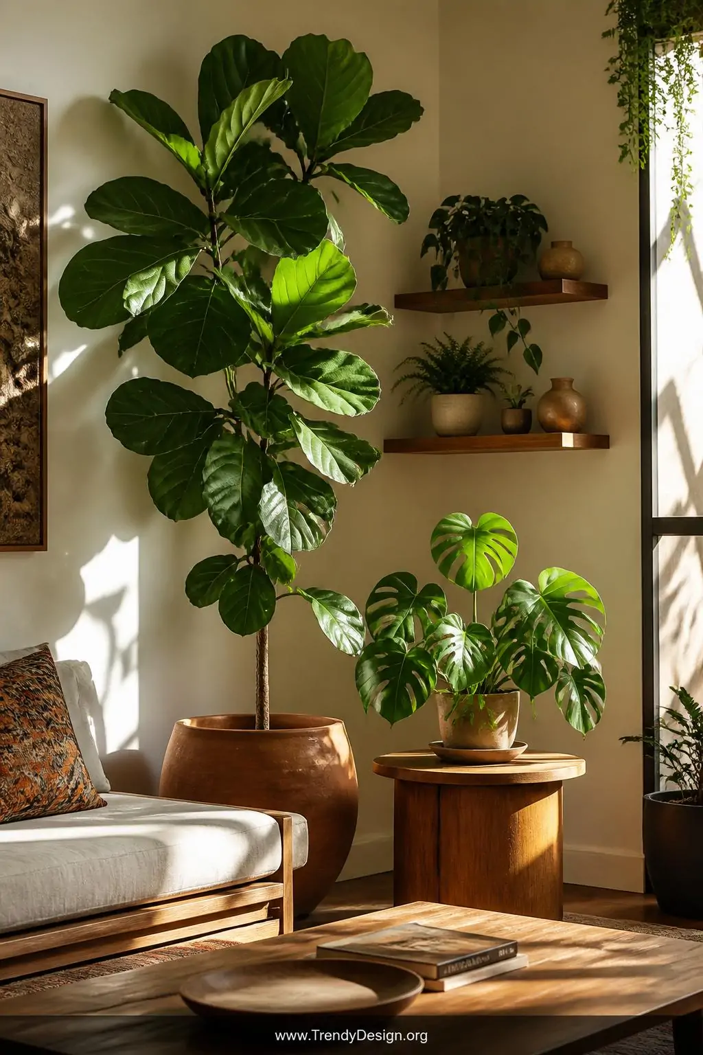 Medium shot of a sunlit corner featuring a towering fiddle leaf fig in a matte terracotta pot beside a low walnut sofa, a mon