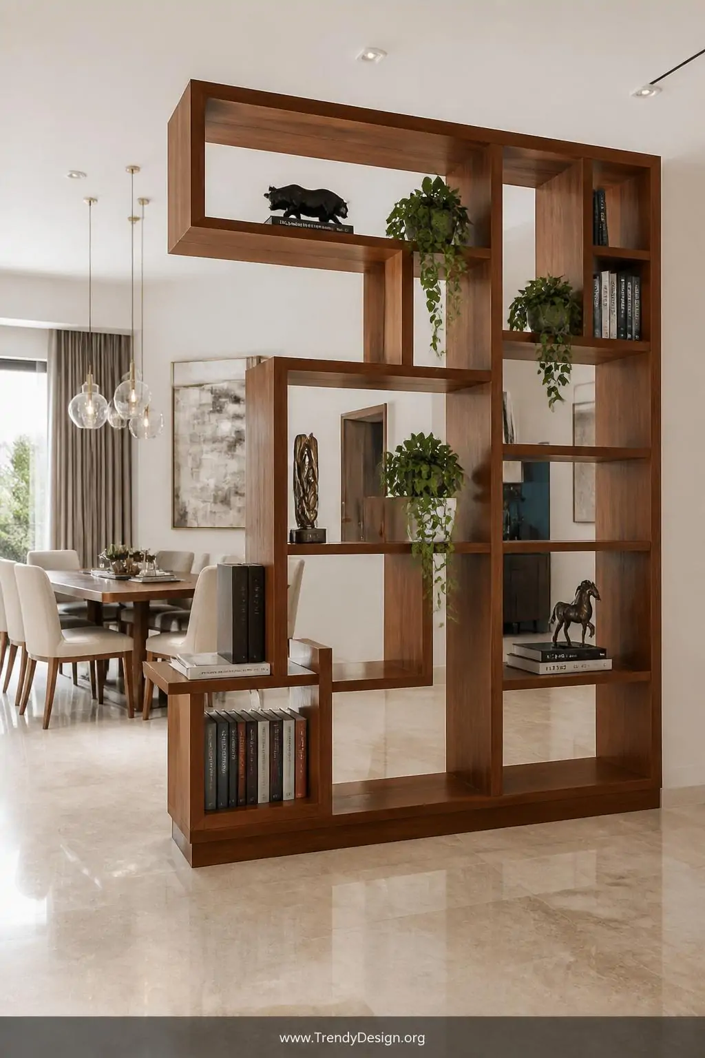 An asymmetrical open geometric bookshelf in rich teak wood divides a living and dining space in an open-plan room, its curate