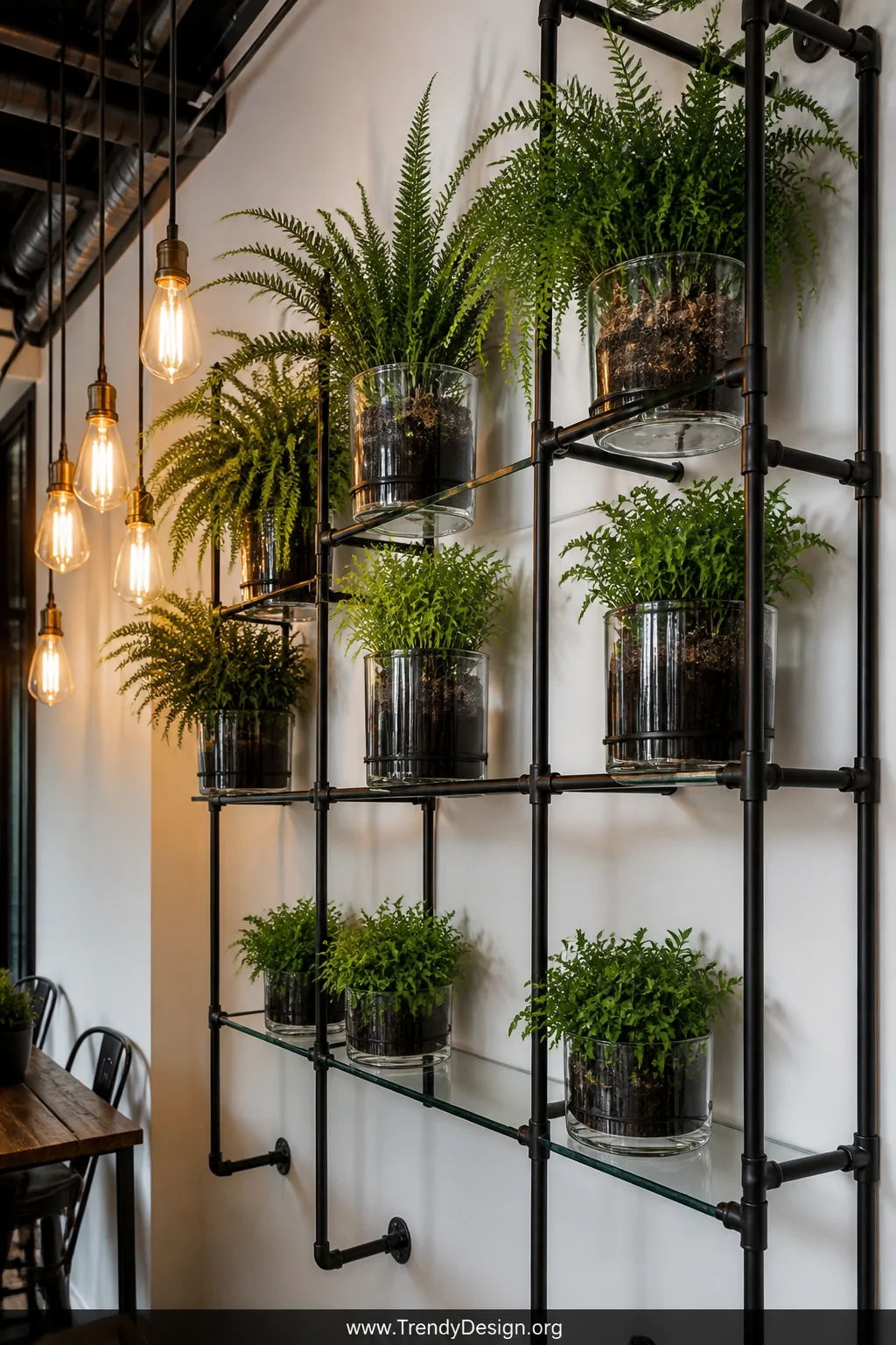 Wide room corner shot of a matte black industrial pipe shelving frame mounted against a crisp white wall, multiple open glass