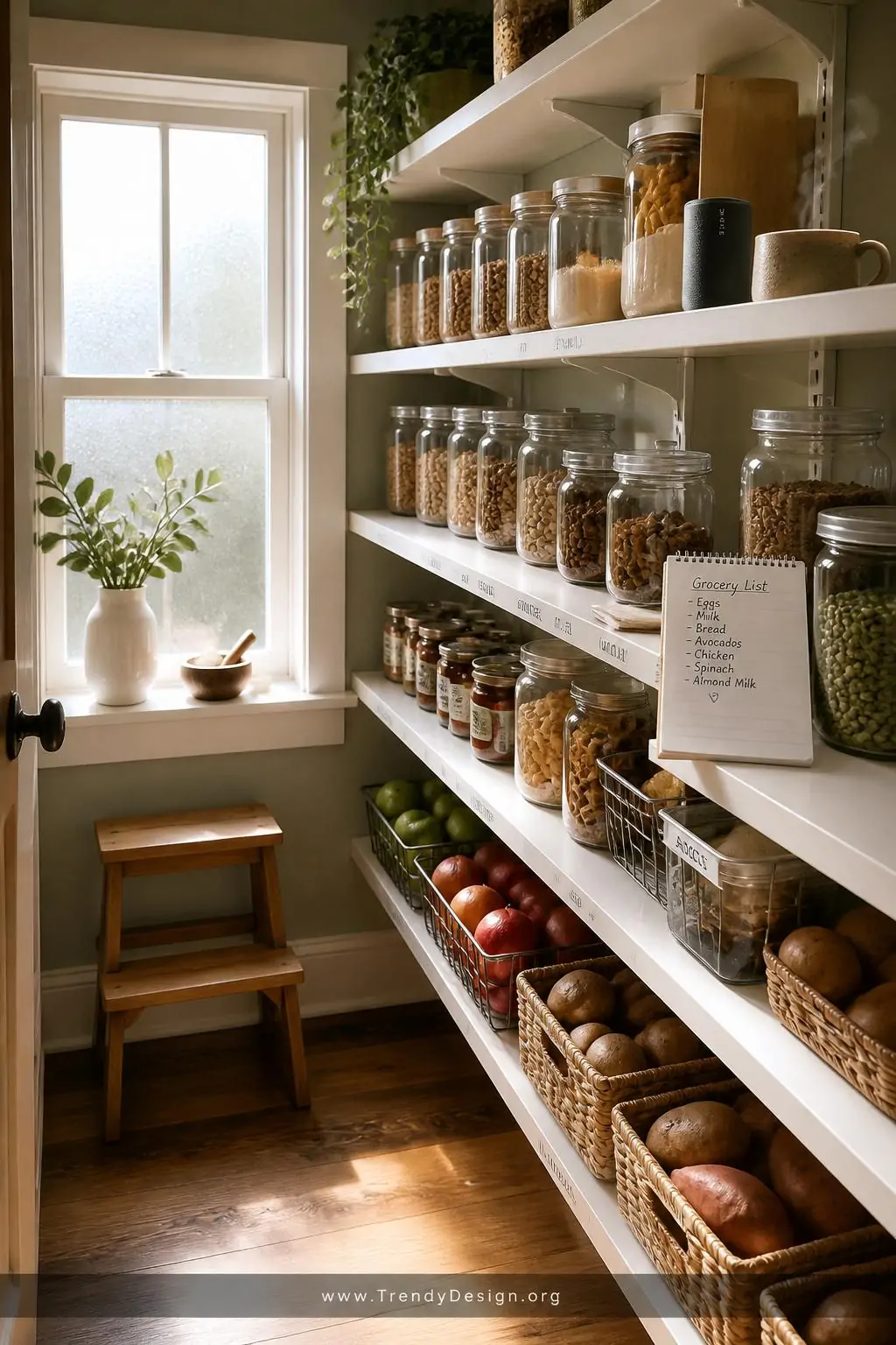 Wide shot of a beautifully maintained pantry interior bathed in warm Sunday morning light from a frosted glass window   neatl