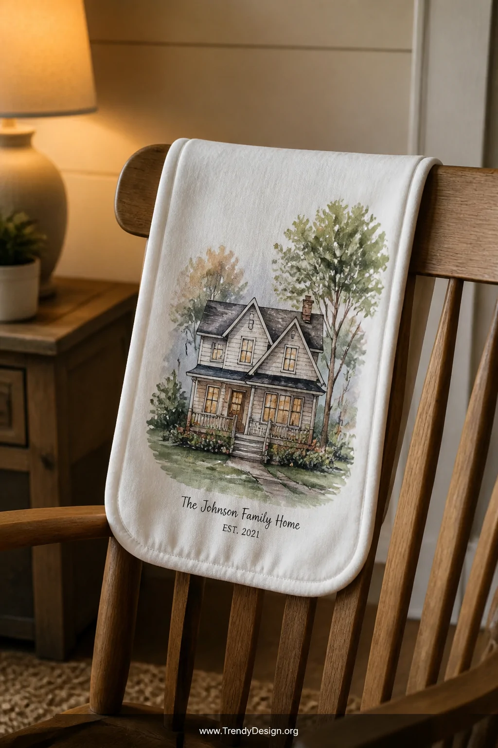 A detail shot of a custom photo-printed burp cloth draped over the curved backrest of a natural wood rocking chair, displayin