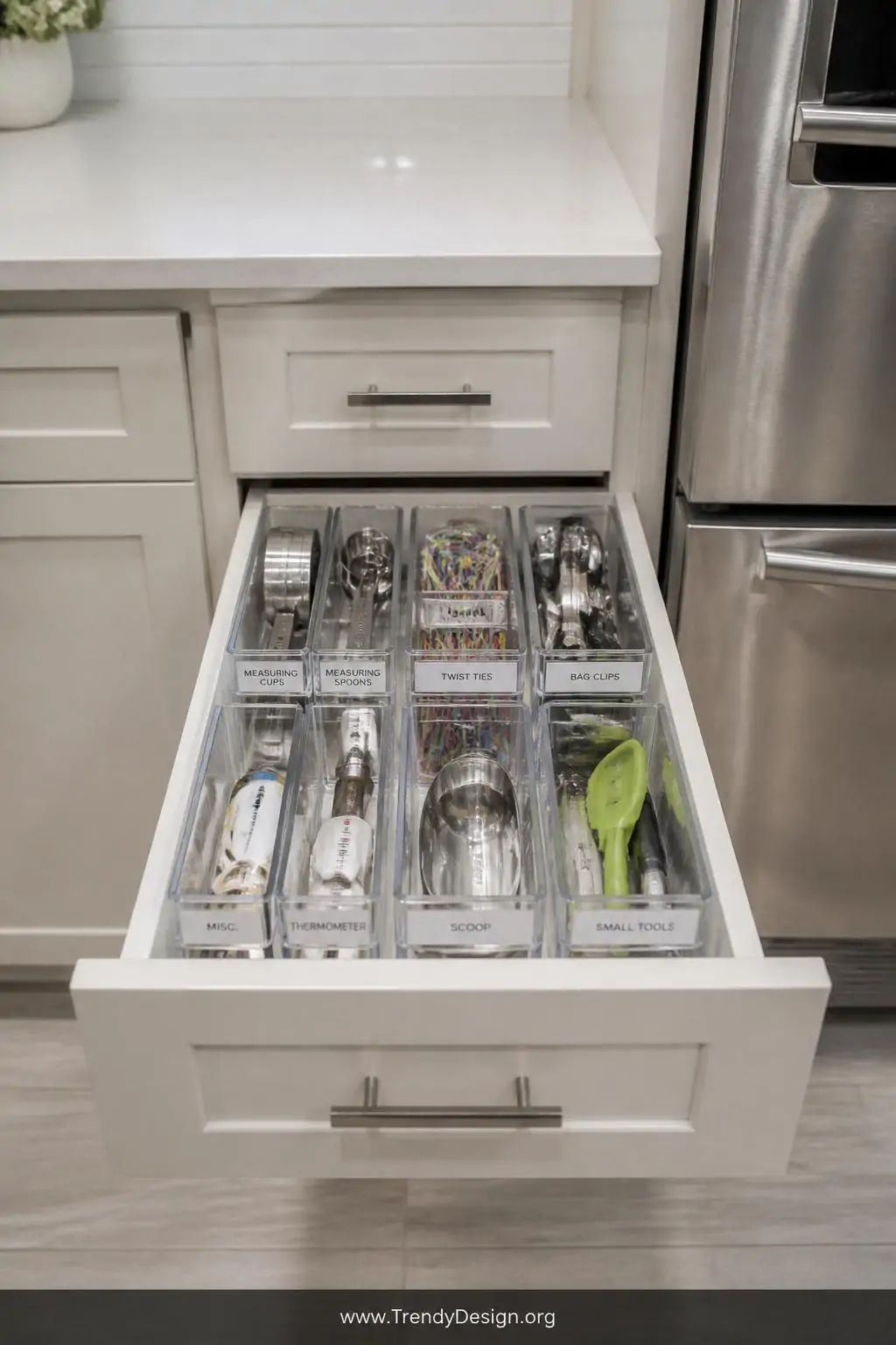 Medium wide shot of a kitchen drawer opened to reveal a neat configuration of modular clear stackable plastic bin inserts fit