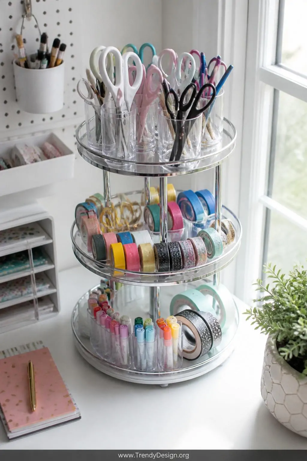 A medium overhead shot of a white craft desk corner features a tall three-tier metallic acrylic lazy Susan holding scissors s