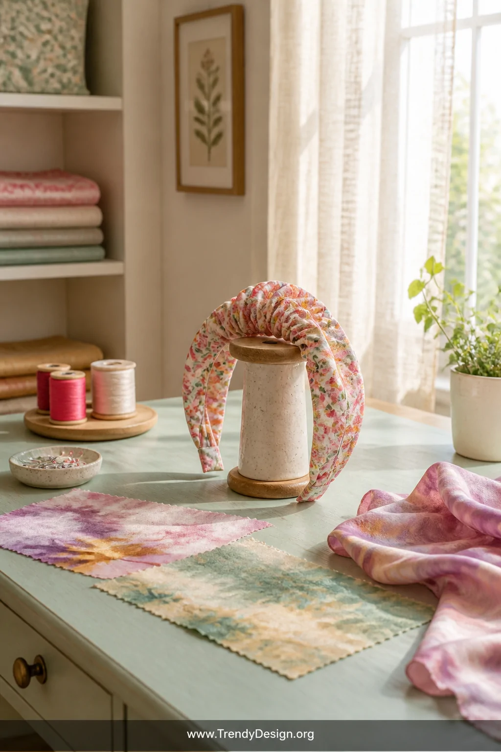 A medium shot of a light-filled sewing nook with a gathered scrunchie-style headband in floral cotton print draped over a cer