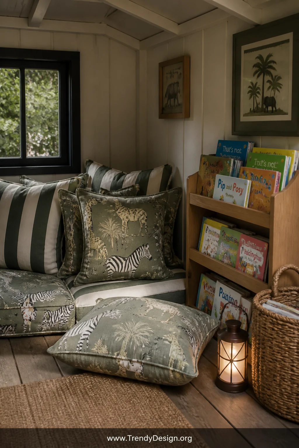 Wide interior corner shot of a snug playhouse reading nook with oversized floor cushions in striped and animal-print outdoor 