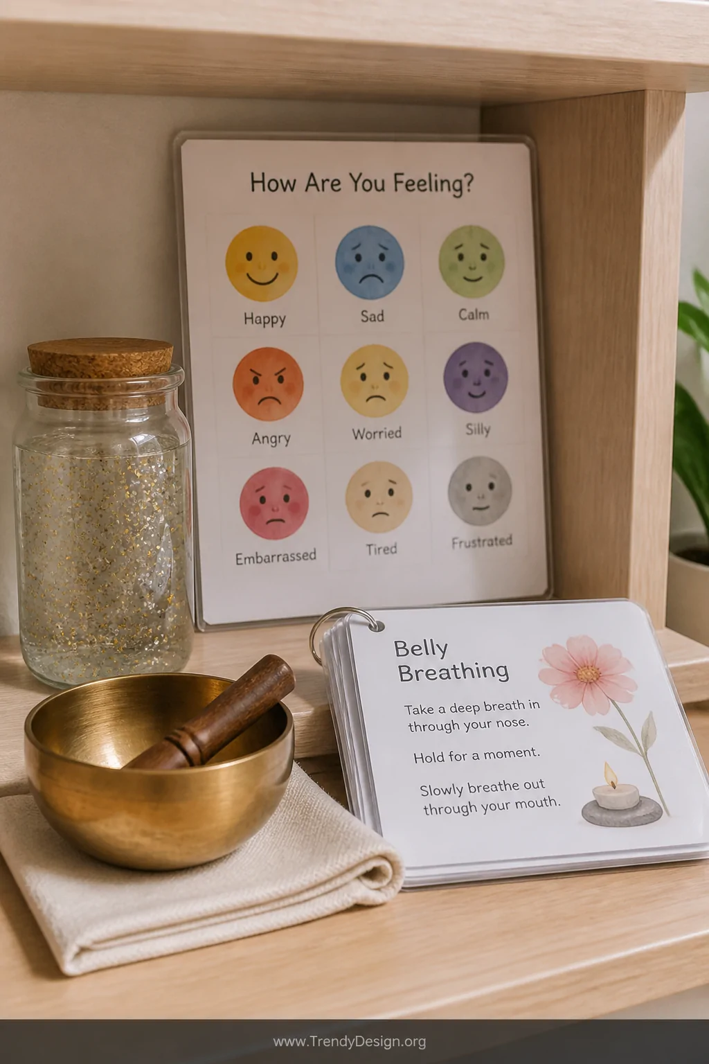Closeup photorealistic detail shot of a mindfulness corner shelf displaying a small brass Tibetan singing bowl resting on a f