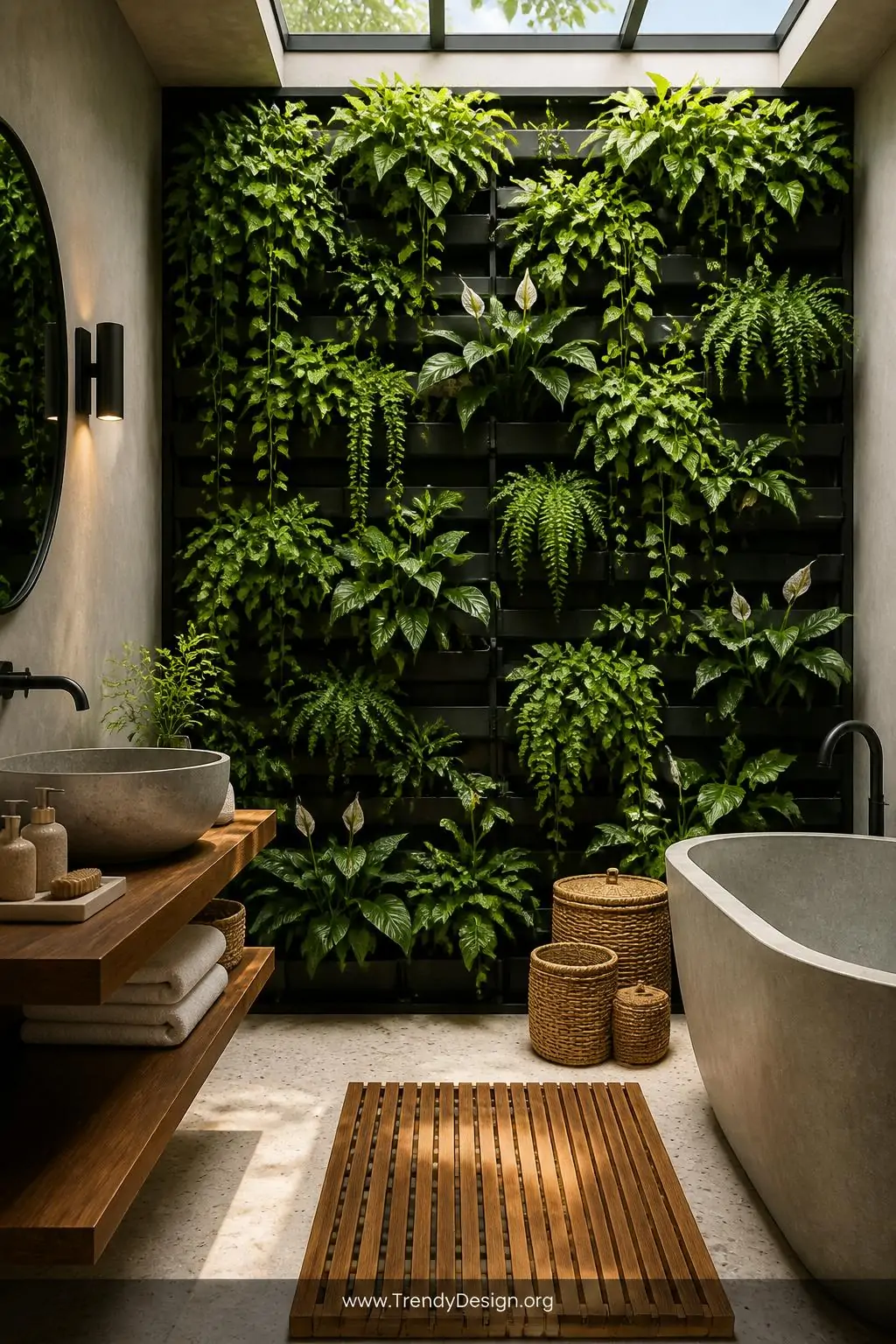 A medium photorealistic interior shot of a serene spa-like bathroom featuring one full accent wall transformed into a lush ve