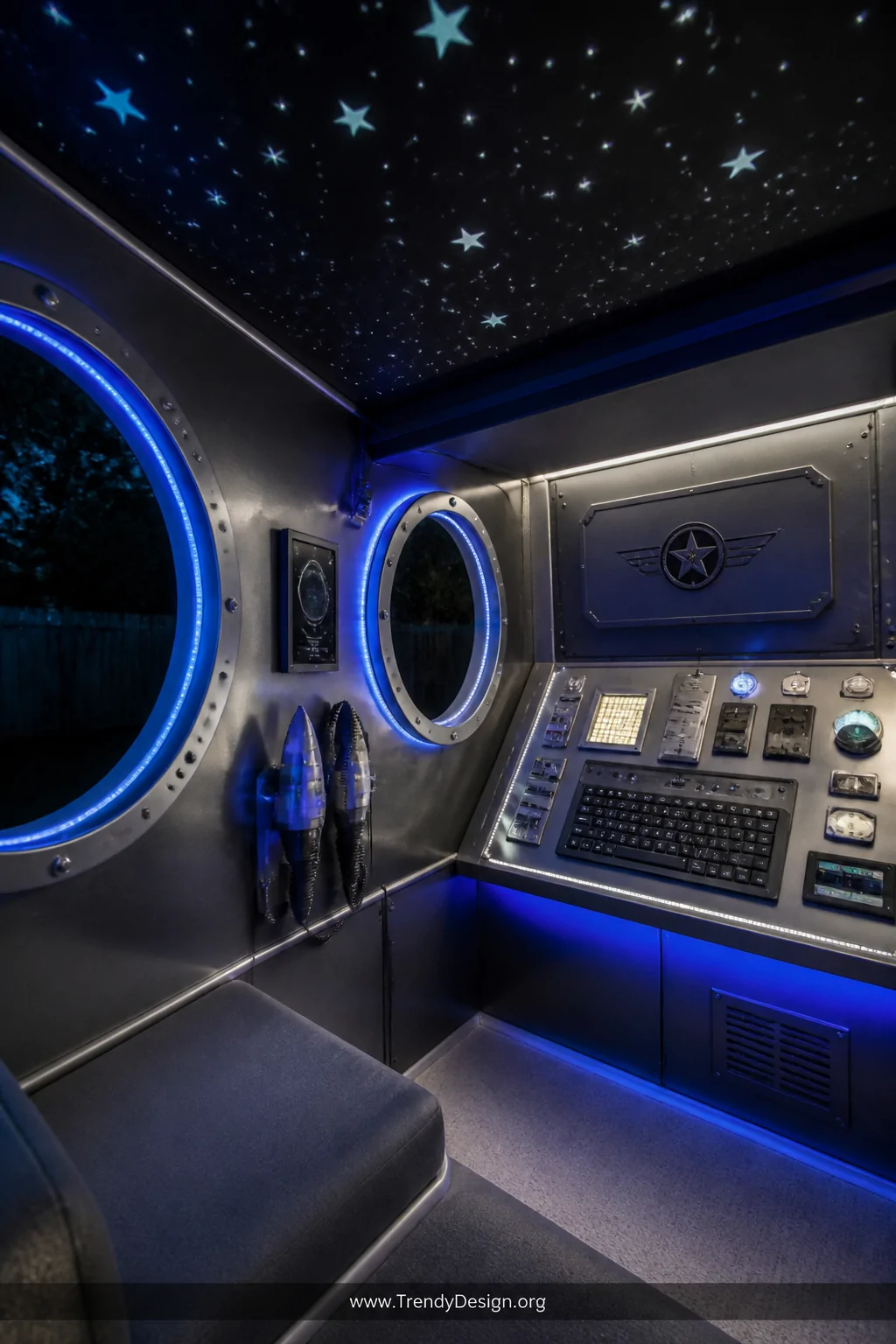 Detail interior shot of an outer space command center playhouse with gunmetal gray and metallic silver painted walls, circula