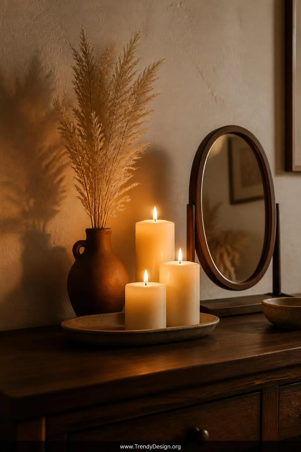 A closeup styled shot features a cluster of three ivory pillar candles of varying heights arranged on a dark walnut dresser b