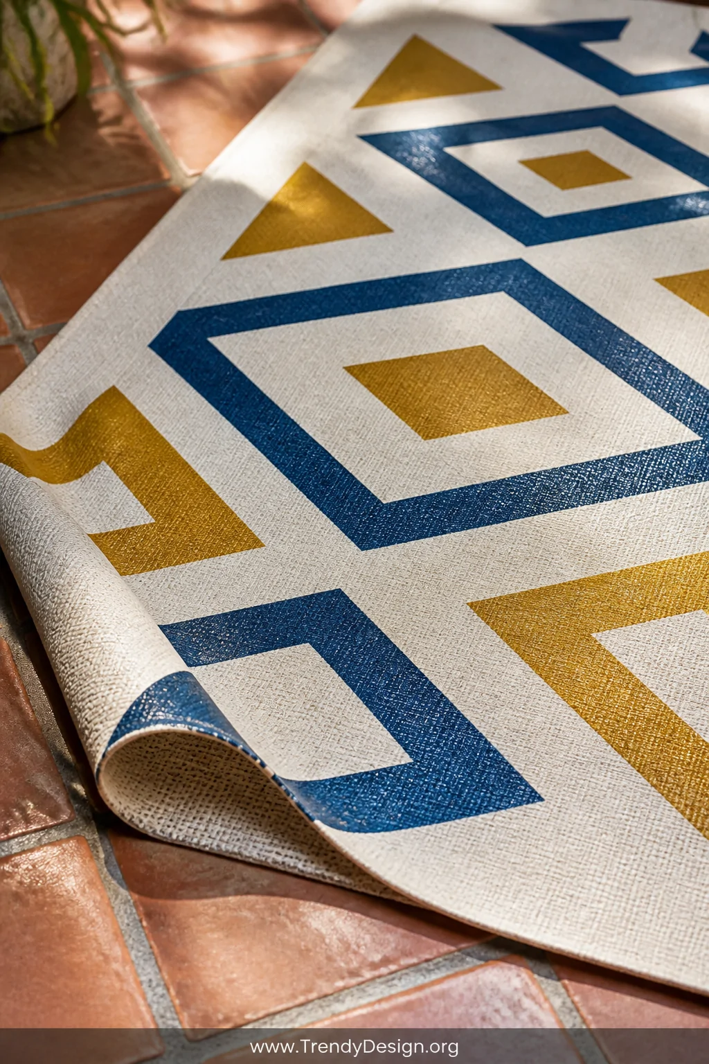 Closeup detail shot of a thick cream canvas drop cloth rug laid on terracotta patio tiles, featuring crisp navy blue and must