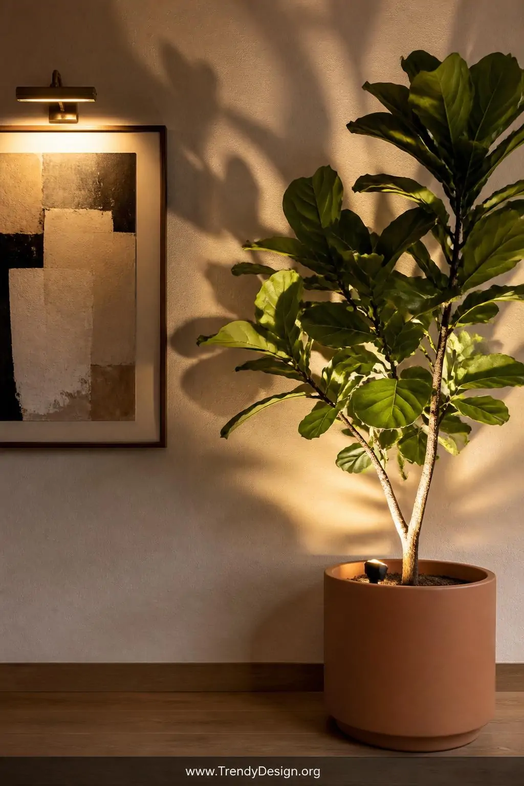 Closeup shot of a dramatic fiddle-leaf fig in a matte terracotta pot with an uplight tucked into the soil at its base, castin
